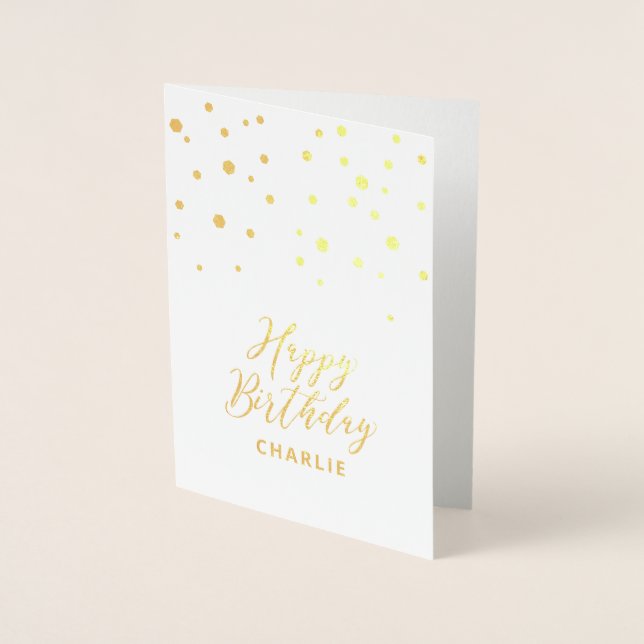 Hexagon Confetti Stylish Custom Happy Birthday Foil Card (Front)