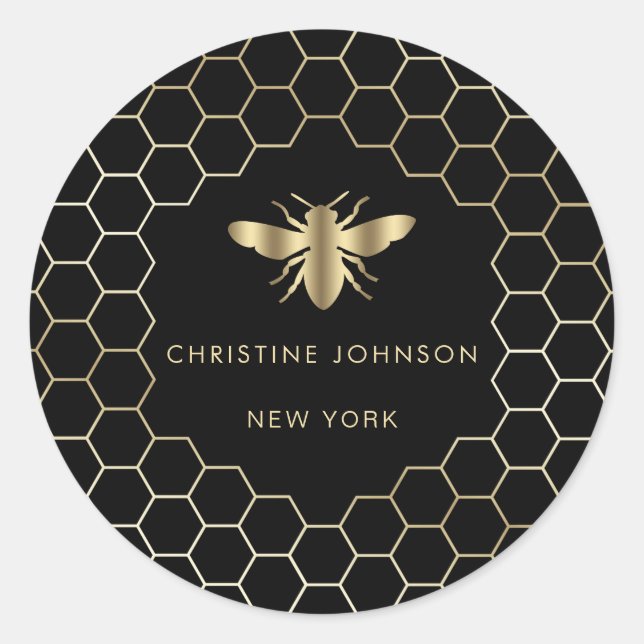 hexagon design bee logo on black classic round sticker (Front)