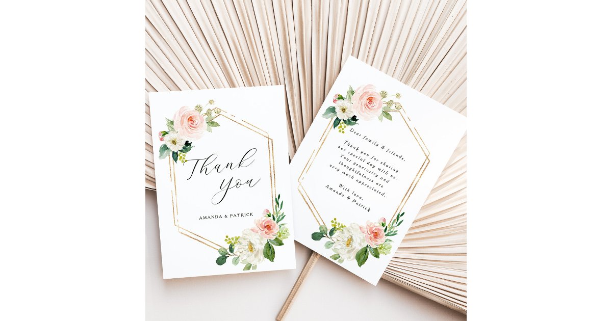 Hexagon Gold Frame Blush Pink Floral Thank You Card | Zazzle