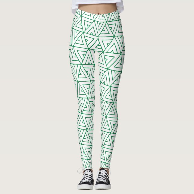 Hexagon Green White Minimal Pattern Leggings (Front)