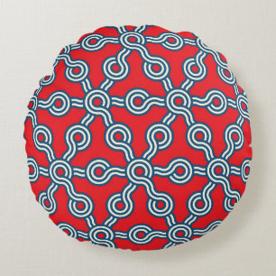 Hexagon grid, red blue, geometric pattern. round cushion