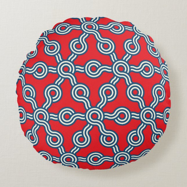Hexagon grid, red blue, geometric pattern. round cushion (Front)