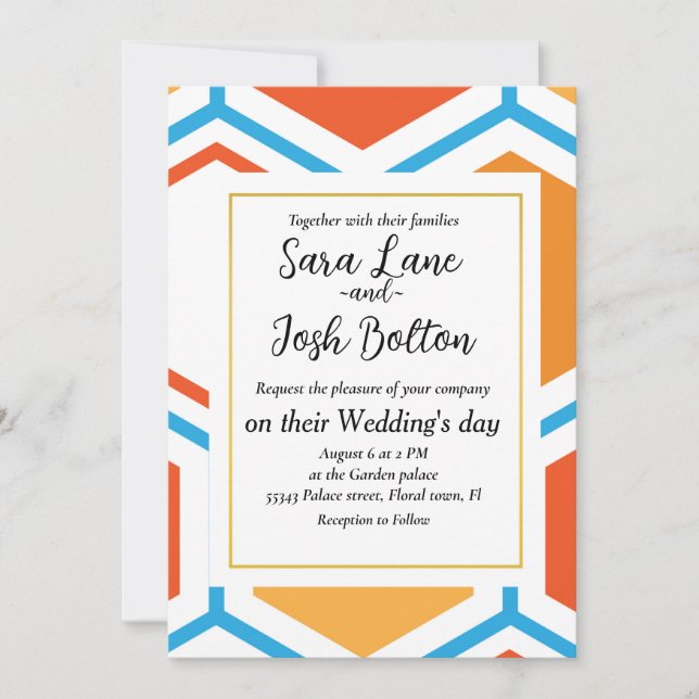 Hexagon in orange, blue and white invitation (Front)
