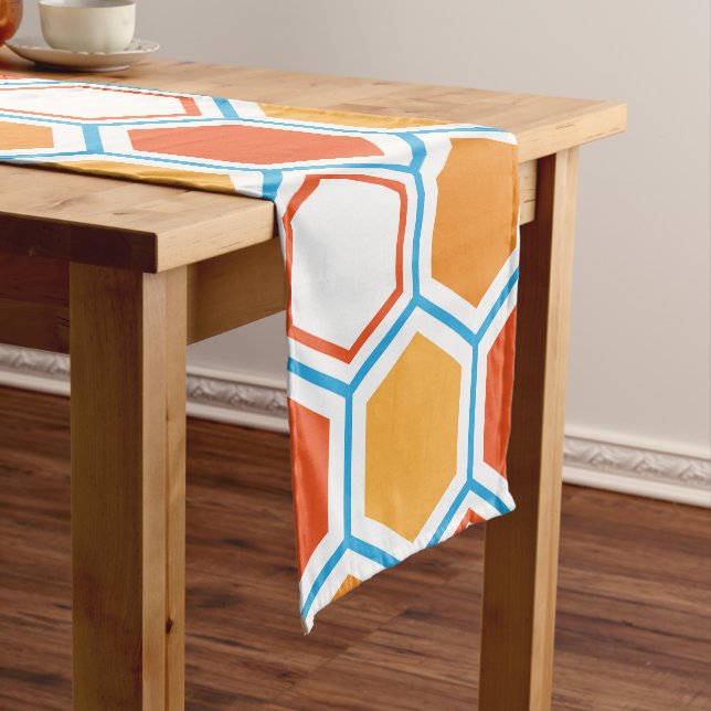 Hexagon in orange, blue and white short table runner (In Situ)