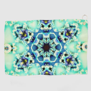 Hexagon kaleidoscope and star light green and blue golf towel