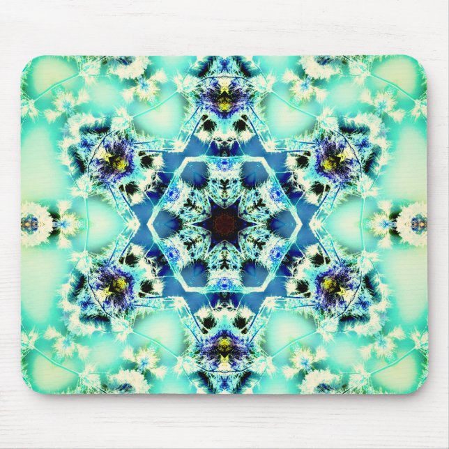 Hexagon kaleidoscope and star light green and blue mouse mat (Front)