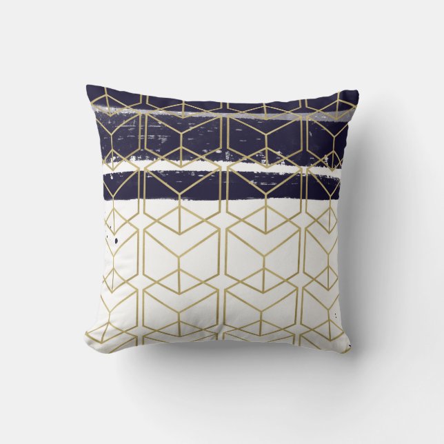 Hexagon Modern Navy Blue Gold Geometric Glam Cushion (Front)