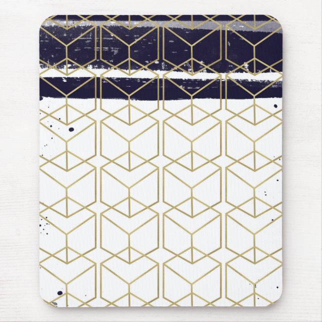 Hexagon Modern Navy Blue Gold Geometric Glam Mouse Mat (Front)