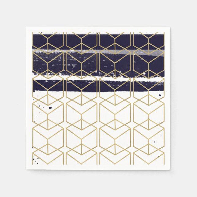 Hexagon Modern Navy Blue Gold Geometric Glam Party Napkin (Front)