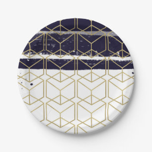 Hexagon Modern Navy Blue Gold Geometric Glam Party Paper Plate