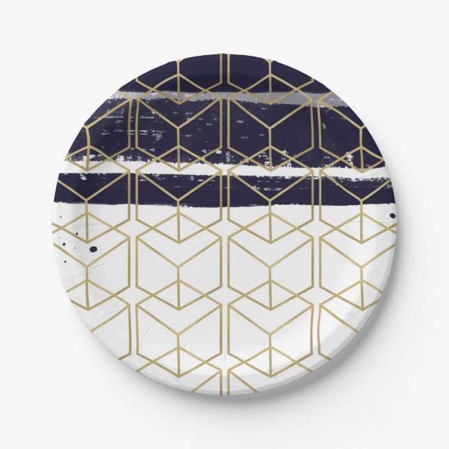 Hexagon Modern Navy Blue Gold Geometric Glam Party Paper Plate (Front)