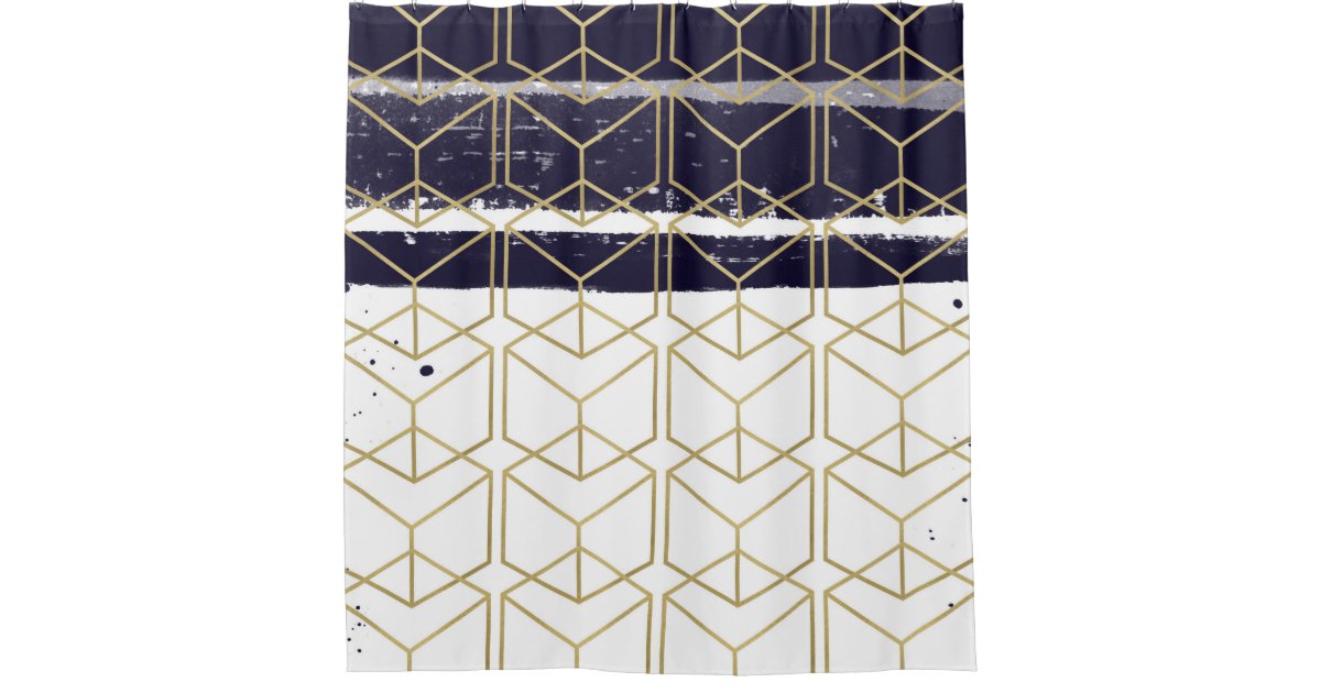 Hexagon Modern Navy Blue Gold Geometric Glam Shower Curtain