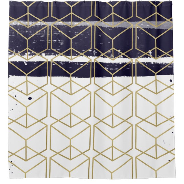 Hexagon Modern Navy Blue Gold Geometric Glam Shower Curtain (Front)