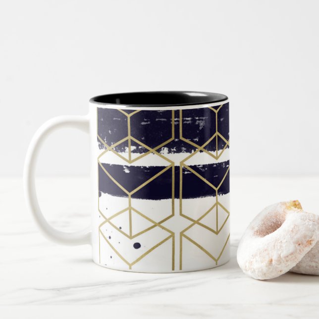 Hexagon Modern Navy Blue Gold Geometric Glam Two-Tone Coffee Mug (With Donut)