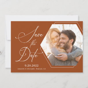 Hexagon Modern Photo Script Terracotta Save The Date