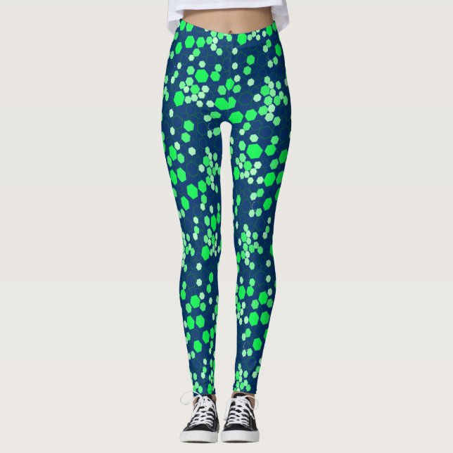 Hexagon pattern 02b.Green DBlue BG Leggings (Front)