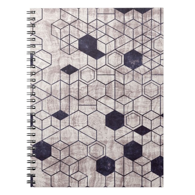 Hexagon pattern, isometric, grungy print notebook (Front)