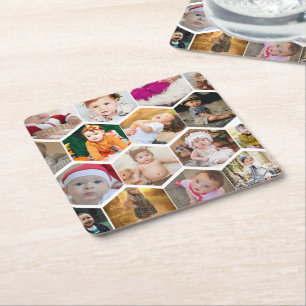 Hexagon Photo Collage Square Paper Coaster