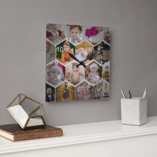 Hexagon Photo Collage Square Wall Clock