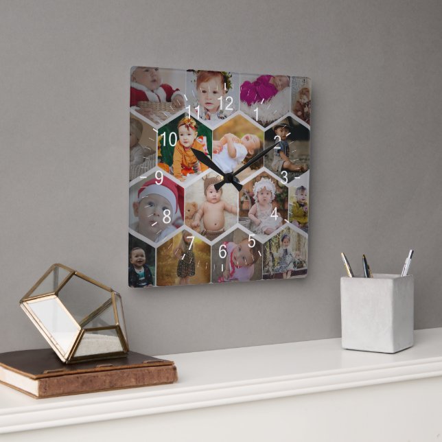 Hexagon Photo Collage Square Wall Clock (Office)