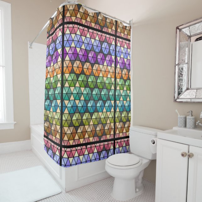 Hexagon Quilt Pattern Warm Vibrant Rainbow Colours Shower Curtain (In Situ)