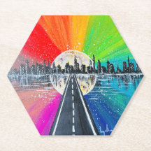Hexagon Rainbow Road fine art coaster