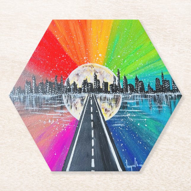 Hexagon Rainbow Road fine art coaster (Front)