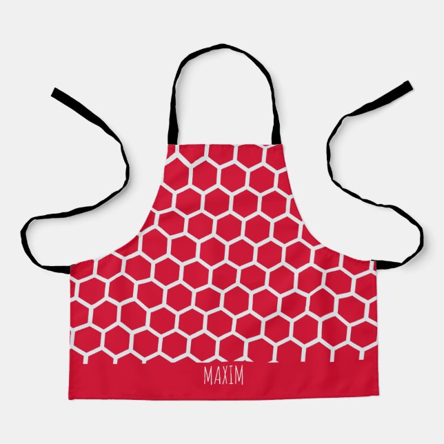 Hexagon Red White Minimal Pattern Apron (Front)