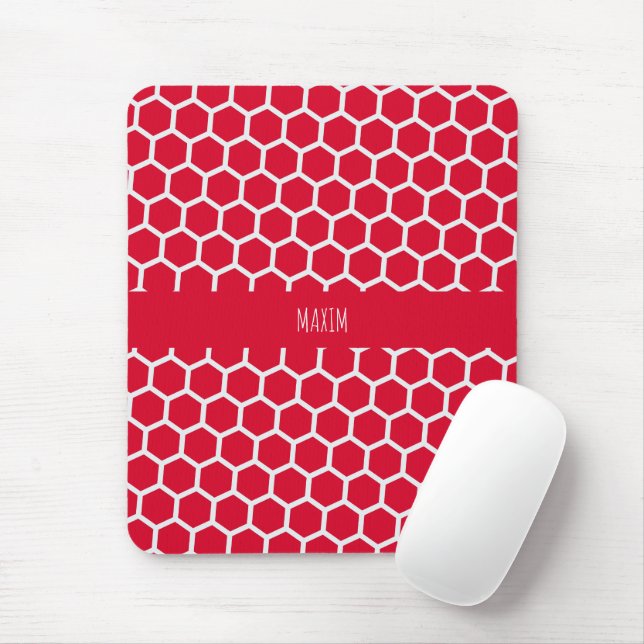 Hexagon Red White Minimal Pattern Mouse Mat (With Mouse)