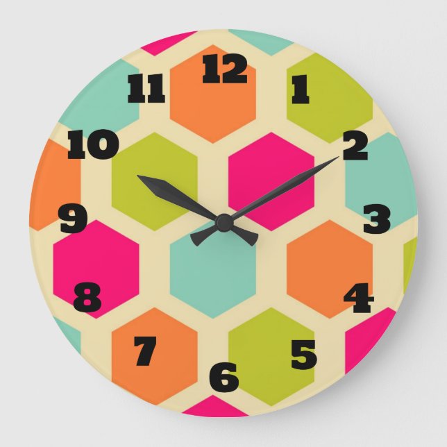 Hexagon Shapes in Vintage Colours Pattern Large Clock (Front)