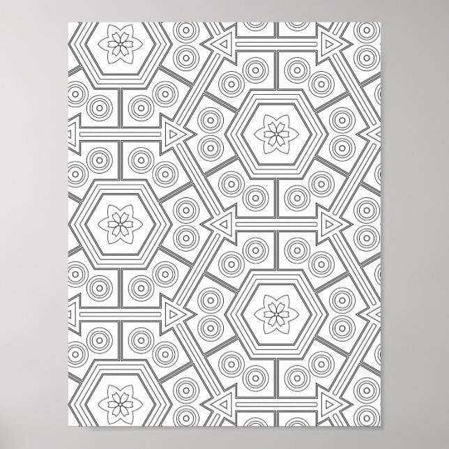 Hexagon Tile Colouring Page Floral Geometric Art Poster (Front)