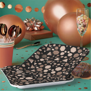 Hexagon & Triangle Pink & Brown on Black Pattern  Paper Plate