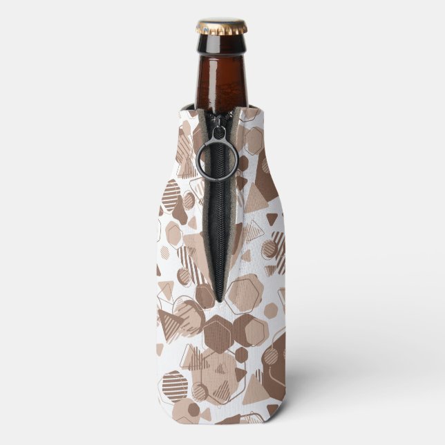 Hexagon & Triangle Pink & Brown on White Pattern  Bottle Cooler (Bottle Back)