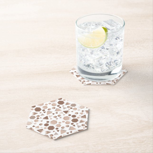 Hexagon & Triangle Pink & Brown on White Pattern  Paper Coaster (Insitu)