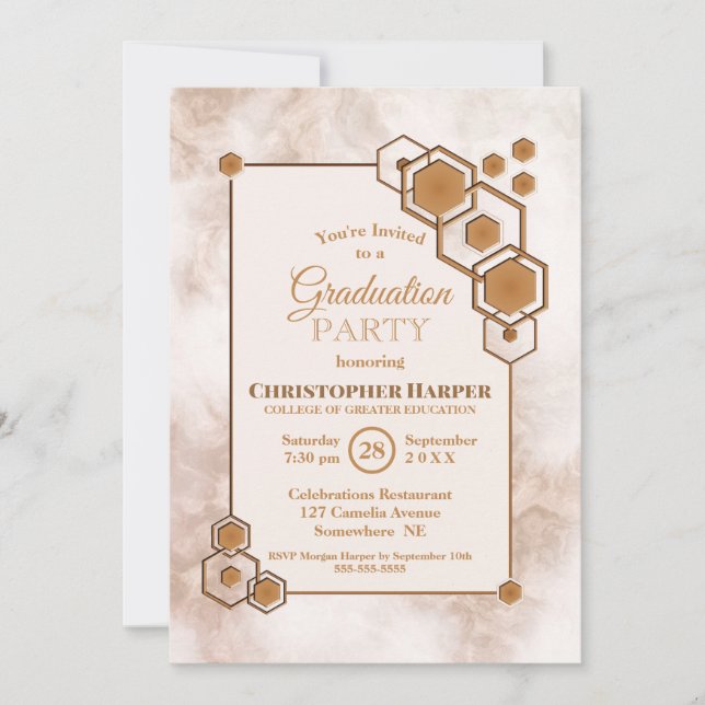 Hexagonal Gold Frame Marble Graduation Party Invitation (Front)
