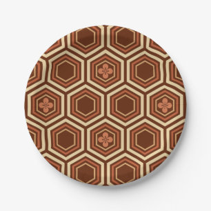 Hexagonal Kimono Print, Brown and Beige Paper Plate