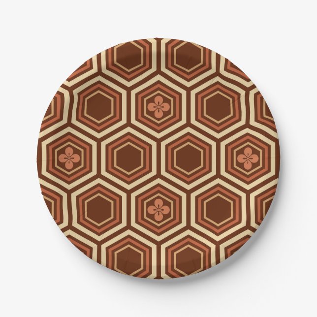 Hexagonal Kimono Print, Brown and Beige Paper Plate (Front)