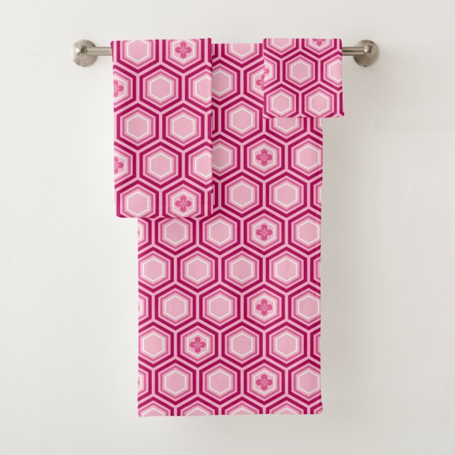 Hexagonal Kimono Print, Burgundy and Pink Bath Towel Set (Insitu)