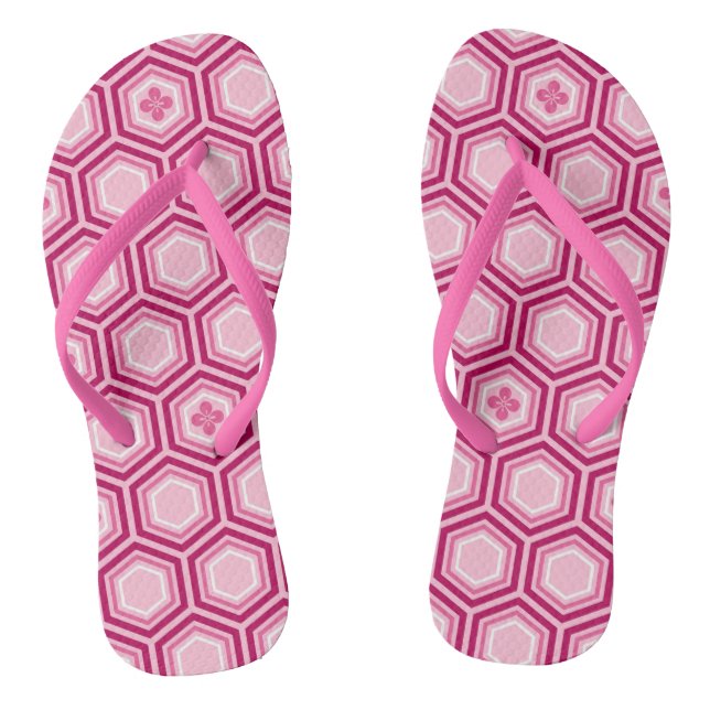 Hexagonal Kimono Print, Burgundy and Pink Flip Flops (Footbed)