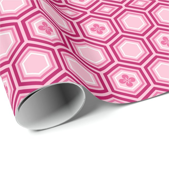 Hexagonal Kimono Print, Burgundy and Pink Wrapping Paper (Roll Corner)