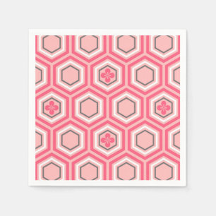 Hexagonal Kimono Print, Coral Pink and White Napkin