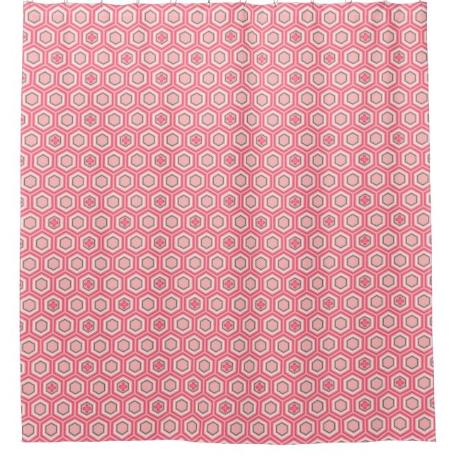 Hexagonal Kimono Print, Coral Pink and White Shower Curtain (Front)