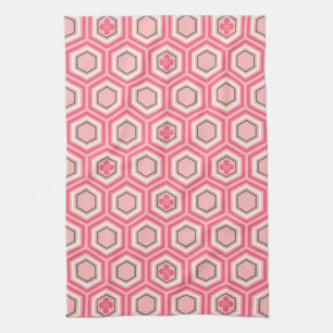 Hexagonal Kimono Print, Coral Pink and White Tea Towel
