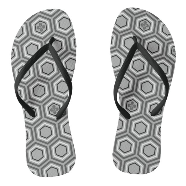 Hexagonal Kimono Print, Grey / Grey and White Flip Flops (Footbed)
