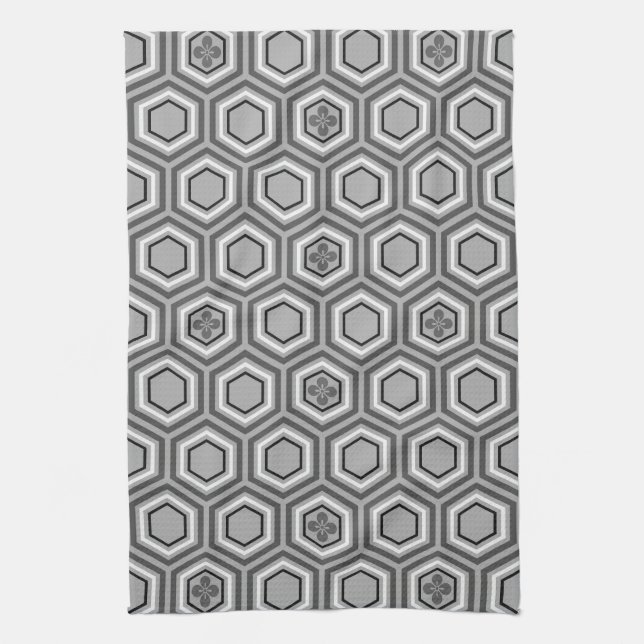 Hexagonal Kimono Print, Grey / Grey and White Tea Towel (Vertical)