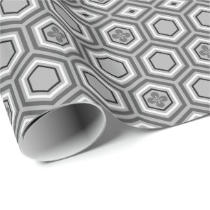 Hexagonal Kimono Print, Grey / Grey and White Wrapping Paper