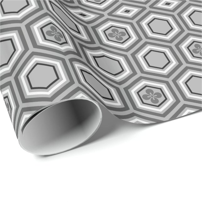 Hexagonal Kimono Print, Grey / Grey and White Wrapping Paper (Roll Corner)