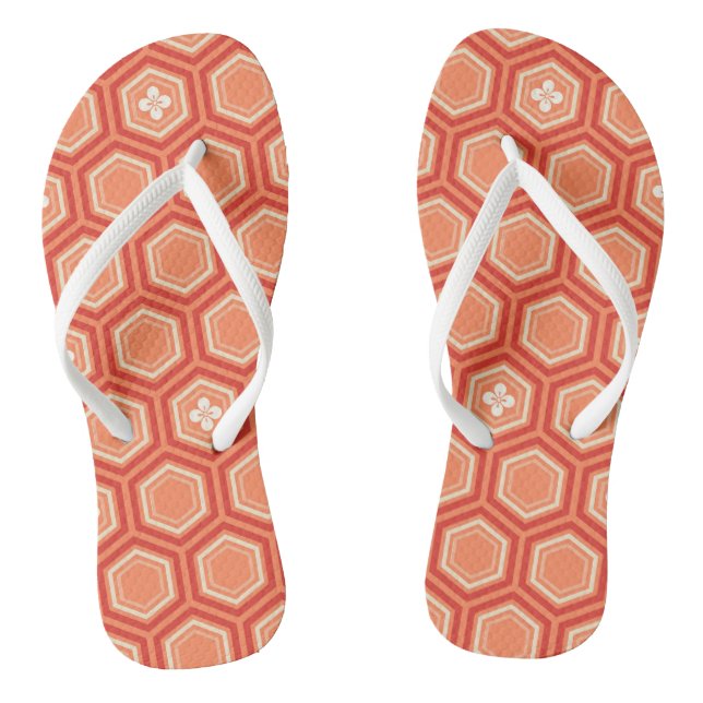 Hexagonal Kimono Print, Mandarin Orange Flip Flops (Footbed)