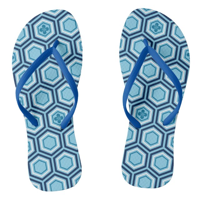 Hexagonal Kimono Print, Navy and Light Blue Flip Flops (Footbed)
