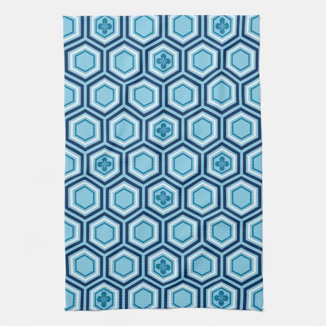 Hexagonal Kimono Print, Navy and Light Blue Tea Towel (Vertical)